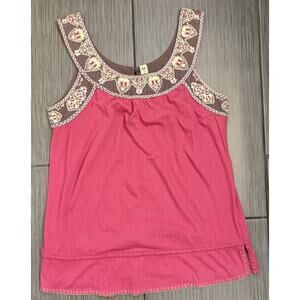 Anthropologie Ric Rac Pink Embroidered Tank Top Size Small Bohemian Cotton